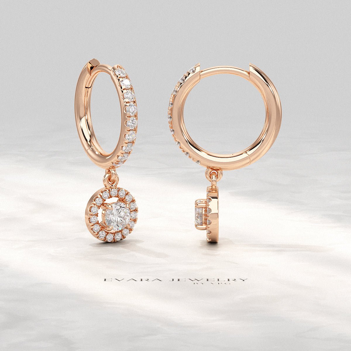 Round Cut Halo Drop Diamond Huggies Earrings - Evara Jewelry LLC