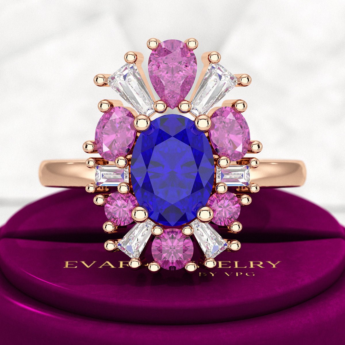 Tanzanite Tourmaline & Diamond Victorian Era Engagement Ring - Evara Jewelry LLC