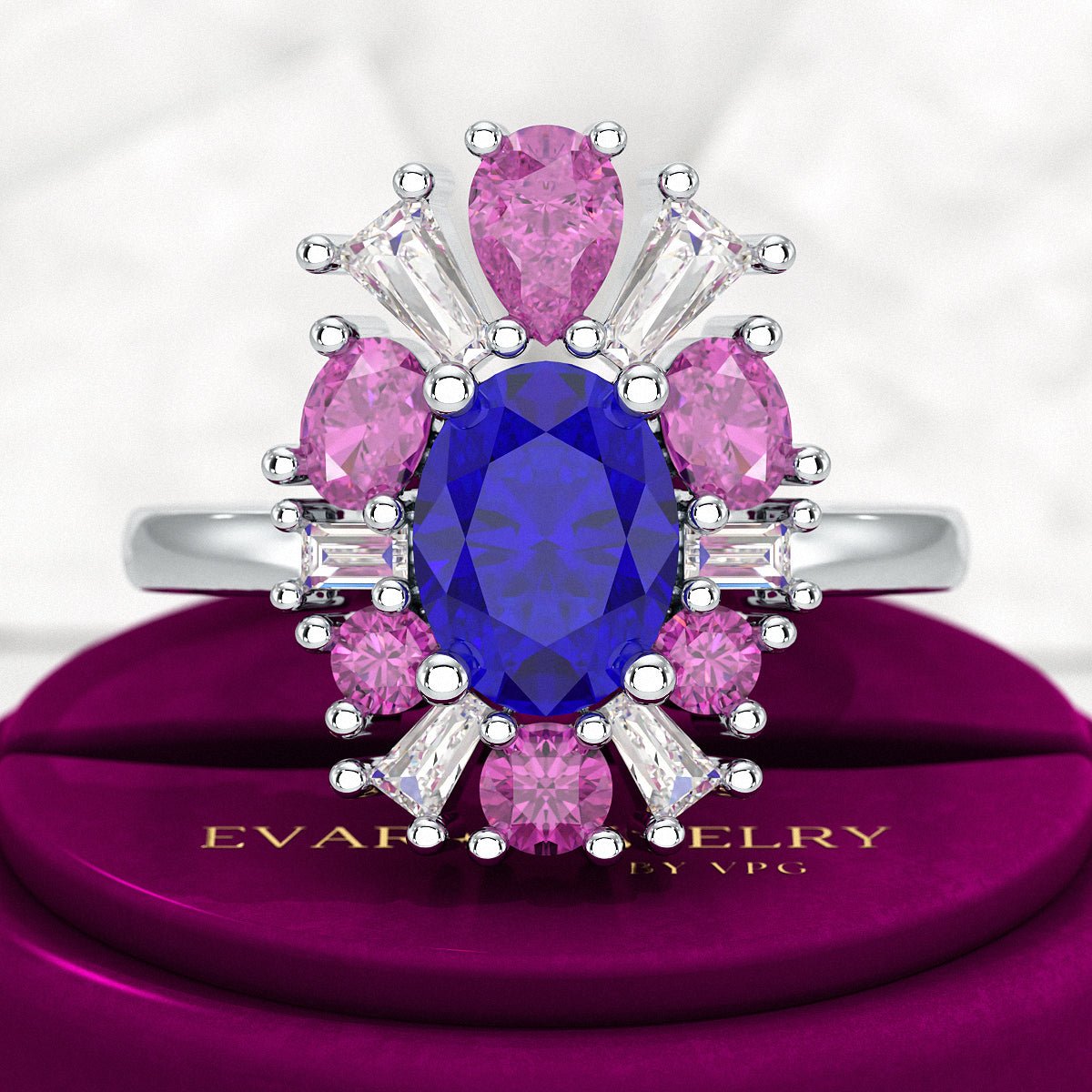 Tanzanite Tourmaline & Diamond Victorian Era Engagement Ring - Evara Jewelry LLC