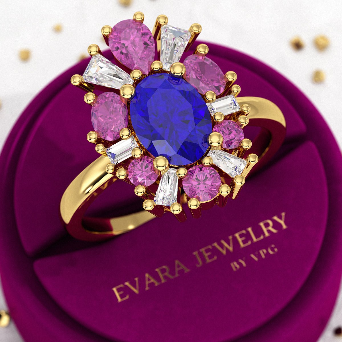 Tanzanite Tourmaline & Diamond Victorian Era Engagement Ring - Evara Jewelry LLC
