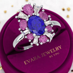 Tanzanite Tourmaline & Diamond Victorian Era Engagement Ring - Evara Jewelry LLC