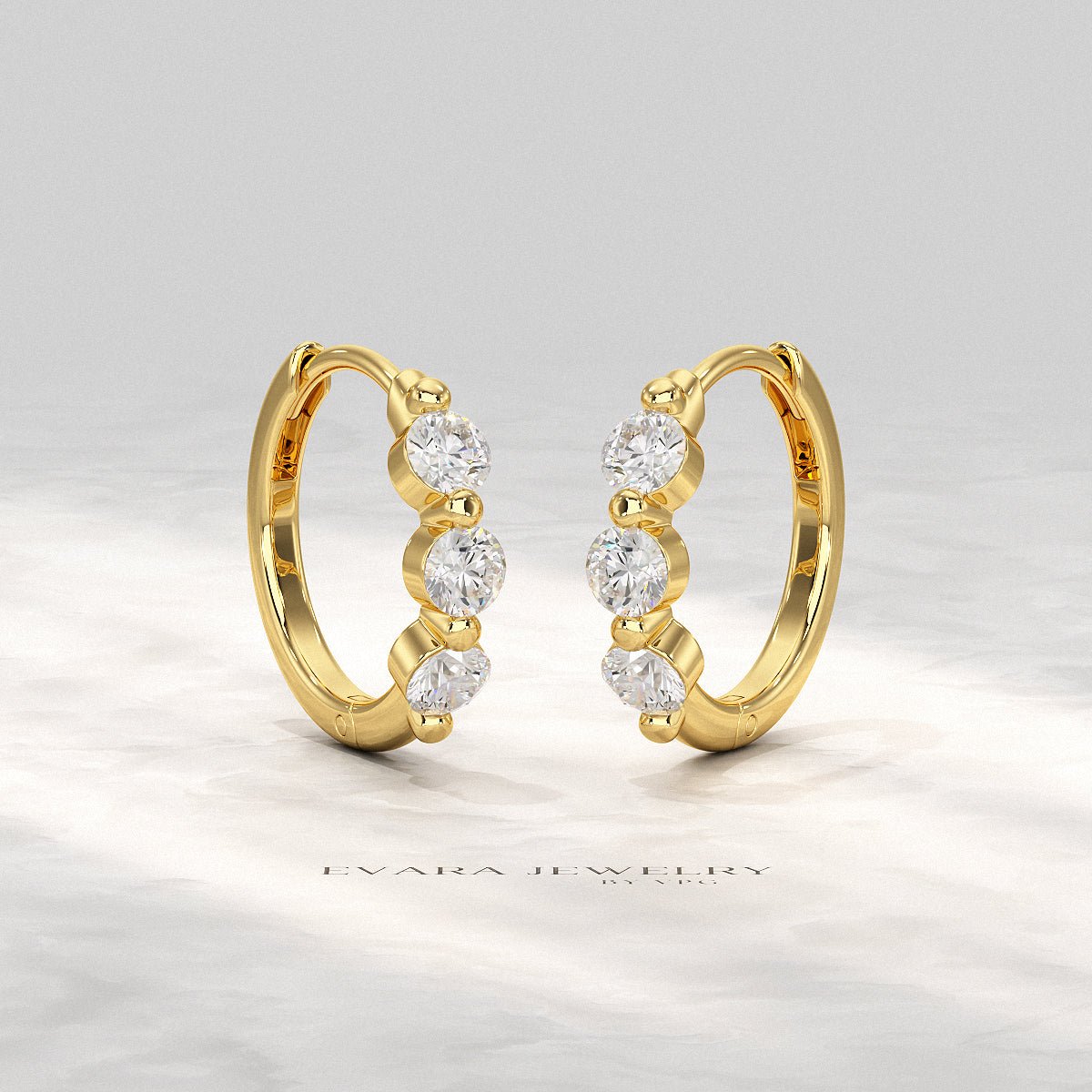 Three Stone Diamond Huggie Hoop Earrings - Evara Jewelry LLC