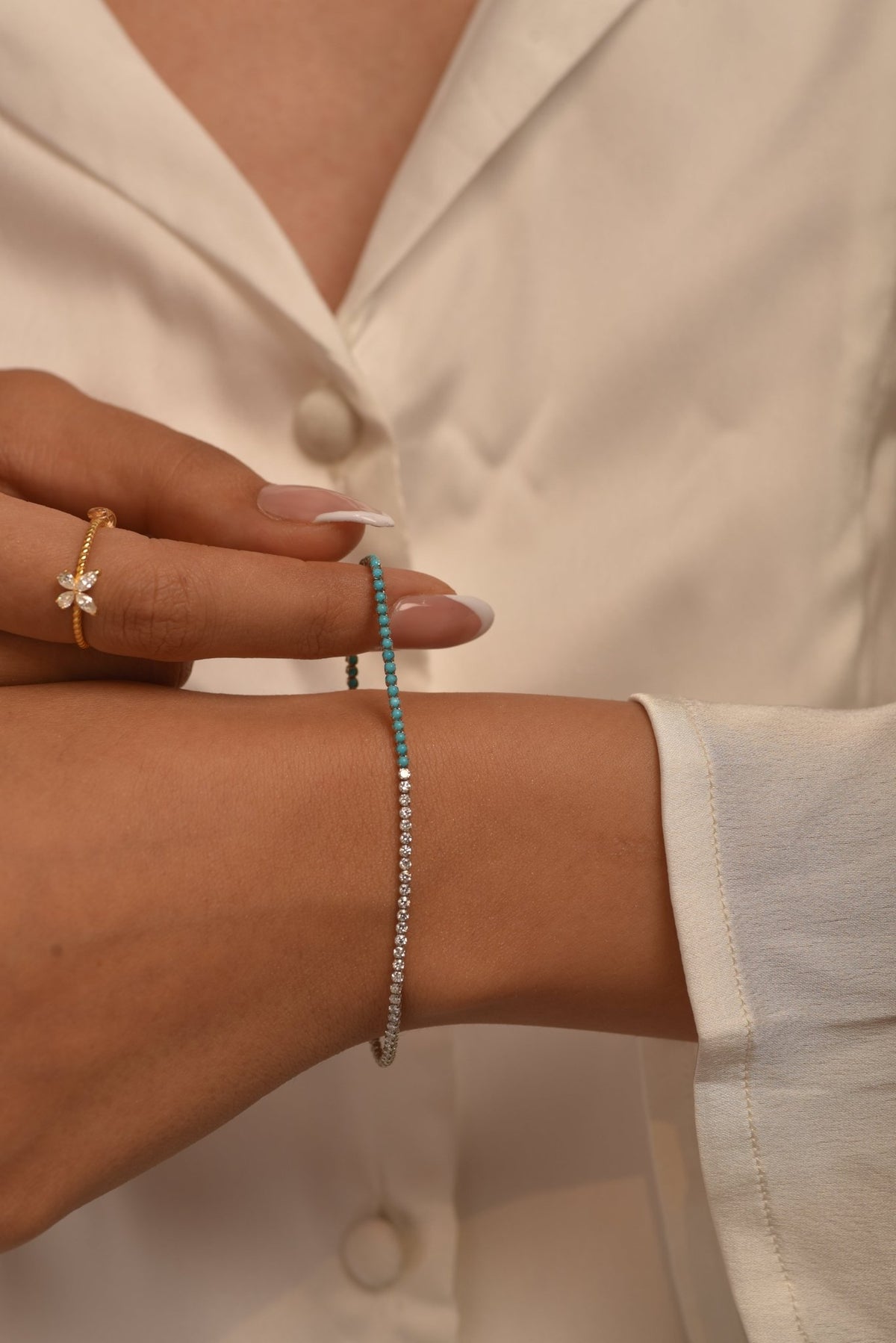 Turquoise & Diamond 50 - 50 Tennis Bracelet in 14K/18K White Gold - Evara Jewelry LLC