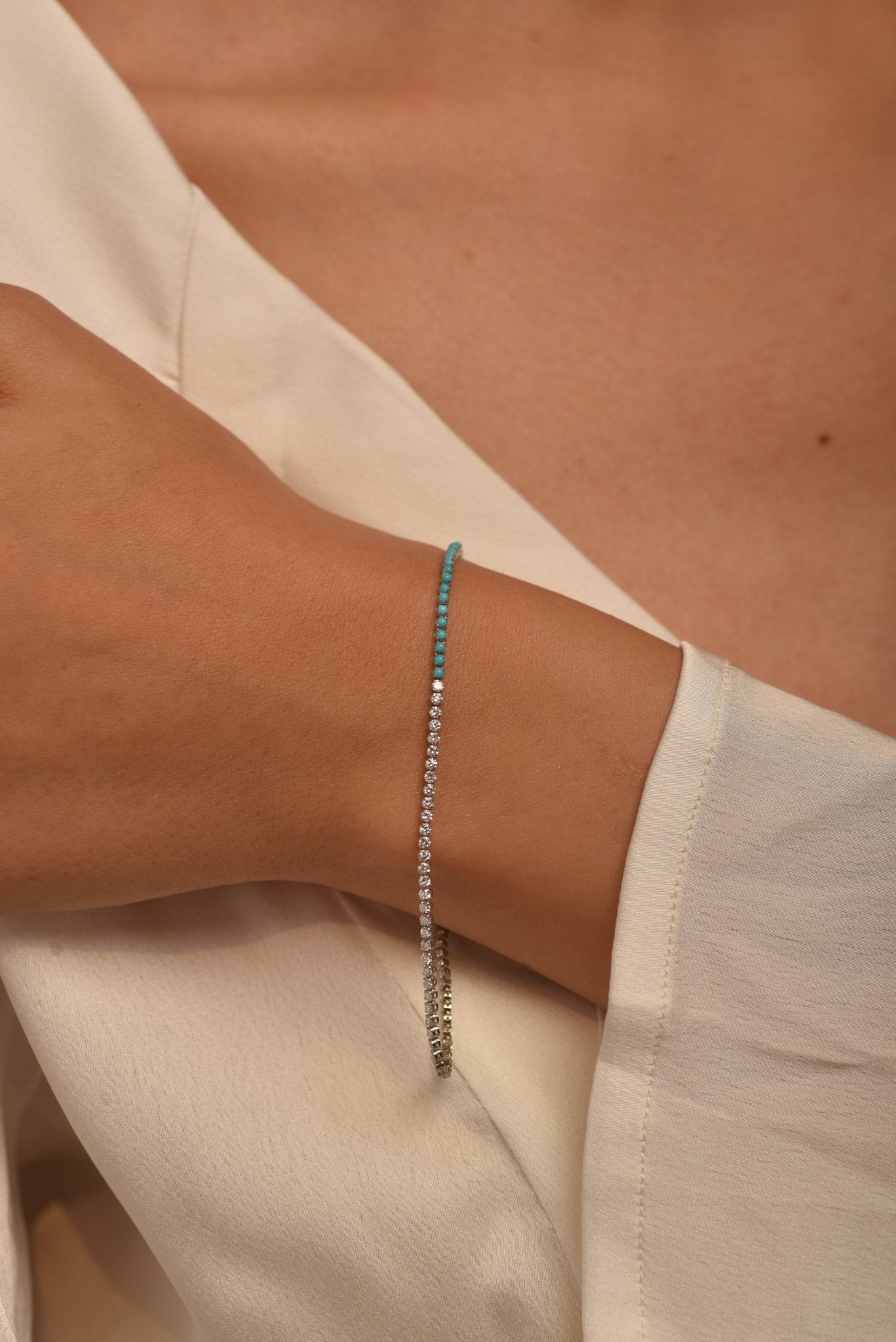 Turquoise & Diamond 50 - 50 Tennis Bracelet in 14K/18K White Gold - Evara Jewelry LLC